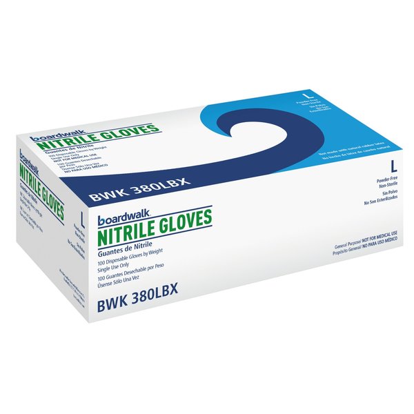 Boardwalk 380 Series, Gloves, 4 mil Palm Thickness, Nitrile, Powder-Free, L, 100 PK 380LBXA